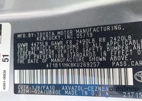2019 Toyota Camry Le z USA, uszkodzony, nr VIN 4T1B11HK8KU269257